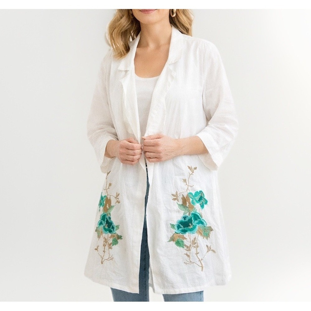 Chicos Linen Blend Floral Embroidered Kimono Jacket Women‎ M/L White Floral Open